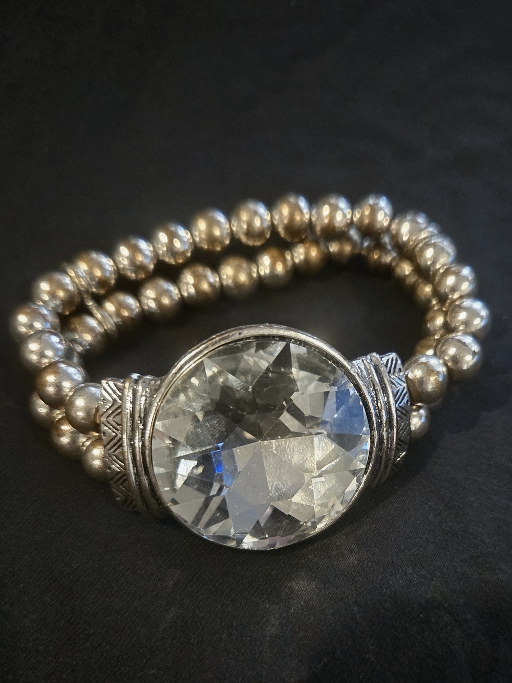 Crystal Centerpiece Silver Bead Stretch Bracelet